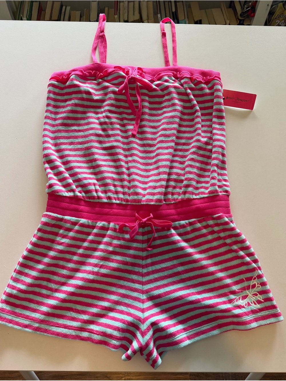 Betsey Johnson Pink and Gray Striped Romper with Embroidered Detail